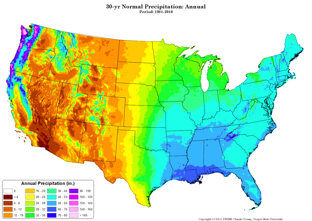 A map of the average precipitation in the continental USA from 1981-2010.