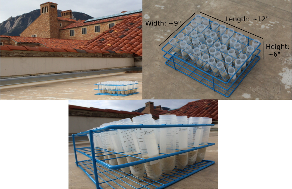 Three images of the experimental setup, showing the sandbox in detail and on a roof.