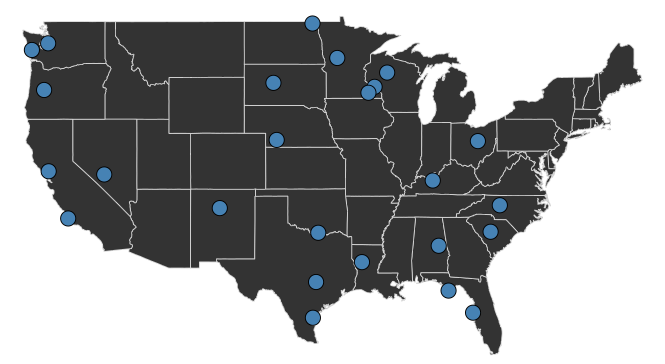 A map of the US marked with 25 random locations.