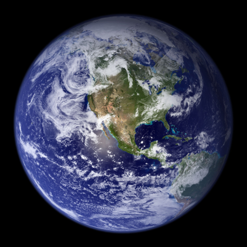 An image of Earth from space, focused on North America, the "Blue Marble" photo.